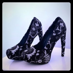 Naughty Monkey Damask Black and Silver heels